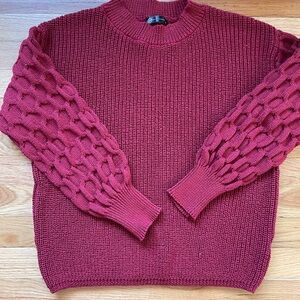 Cable-Sleeve Crewneck Sweater in Burgundy